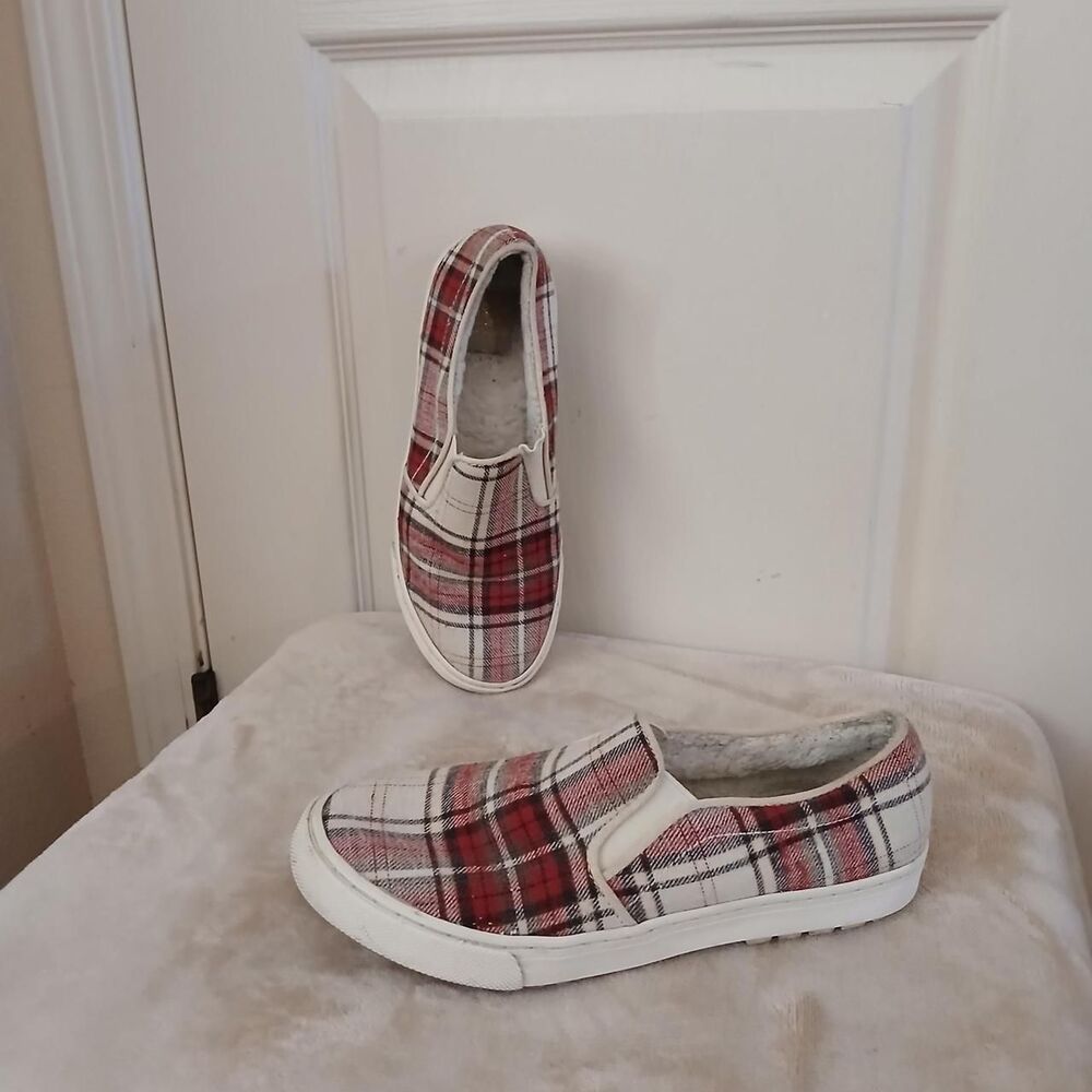 Y2K Style Roxy Ventura Red & White Tartan Plaid Canvas Slip-On Sneakers 8 Grunge